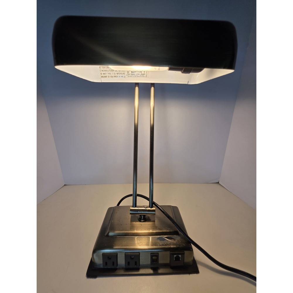 Antique Brass Bankers Desk Lamp Adjustable Shade with Dual Outlets & Data Port